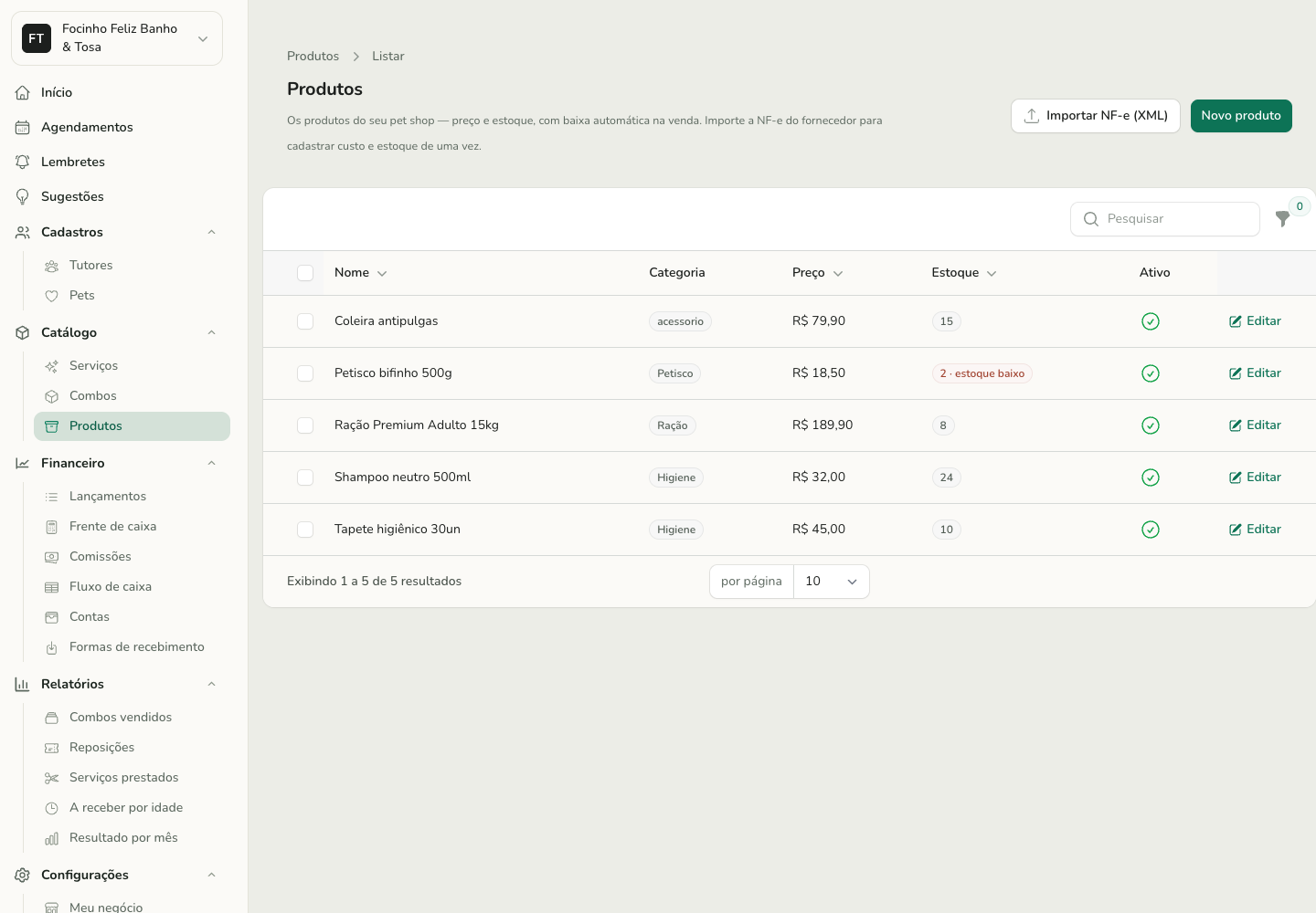Cadastro de produtos no Pet Pocket, com custo, venda, estoque e o botão de importar a NF-e por XML.