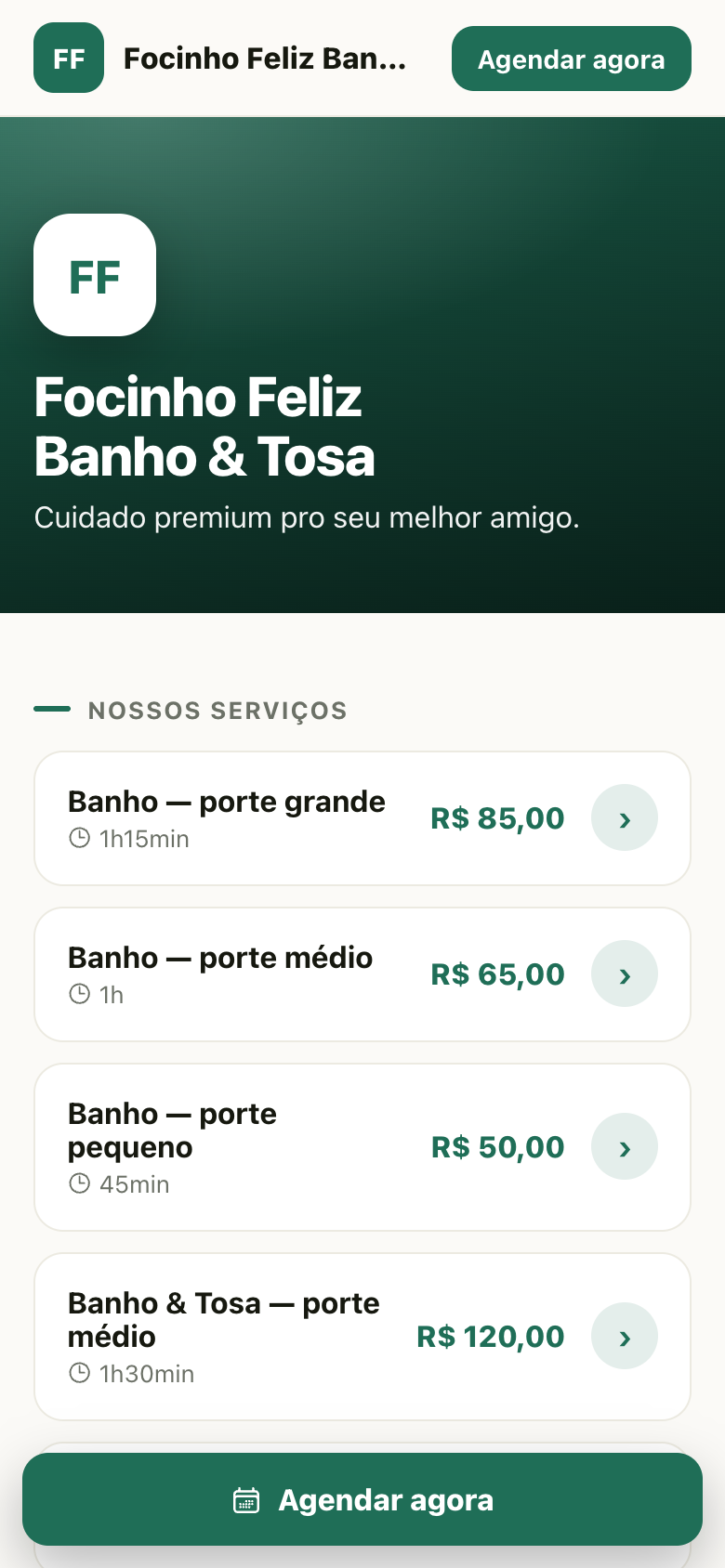 Página pública de agendamento do petshop, no celular